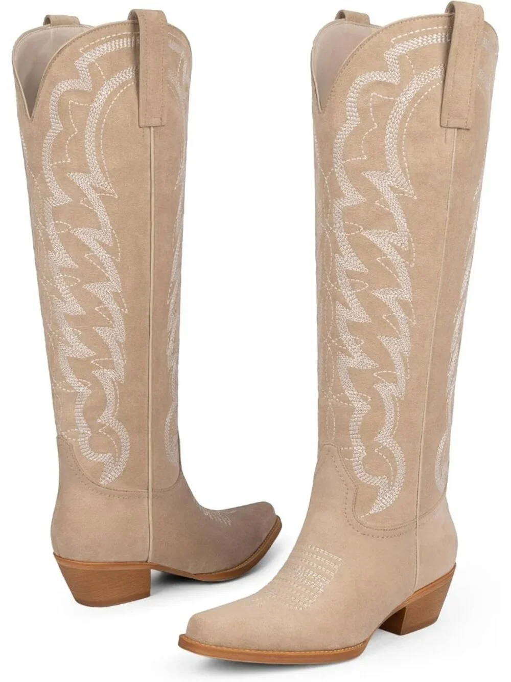 Women's Suede Beige Cowboy Knee High Boots Pointed Wide Calf Chunky Heel Cowgirl